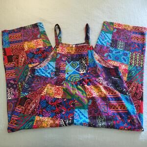 vibrant multicolor patchwork overalls side pockets adjustable straps XXL baggy